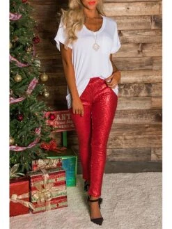 Women's Tights Leggings Red & White Green Apricot Fashion Sparkle Sparkle & Shine Xmas Party Christmas Street Sequins Stretchy Full Length Comfort Plain S M L XL XXL