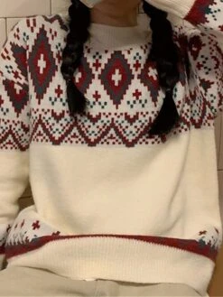 Women's Ugly Christmas Sweater Cardigan Sweater Crew Neck Ribbed Knit Knit Patchwork Oversized Fall Winter Regular Outdoor Christmas Daily Stylish Vintage Style Casual Long Sleeve Geometric Red Beige -Xmas Cothing Store ndpgvk1696903361203