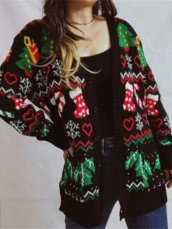 Women's Ugly Christmas Sweater Cardigan Sweater V Neck Ribbed Knit Polyester Button Fall Winter Regular Outdoor Xmas Daily Stylish Casual Soft Long Sleeve Heart Snowflake Black S M L -Xmas Cothing Store ndtmxo1696823462532