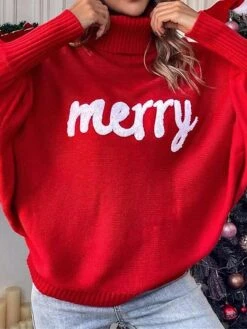 Women's Ugly Christmas Sweater Pullover Sweater Jumper Turtleneck Ribbed Knit Acrylic Oversized Batwing Sleeve Fall Winter Regular Xmas Daily Going Out Stylish Casual Soft Long Sleeve Letter Red -Xmas Cothing Store nfdfij1695209498161