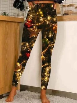 Women's Leggings Dark Yellow Black Golden Sparkle Sparkle & Shine Christmas Casual Xmas Leisure Sports Print Stretchy Ankle-Length Tummy Control Patterned S M L XL 2XL