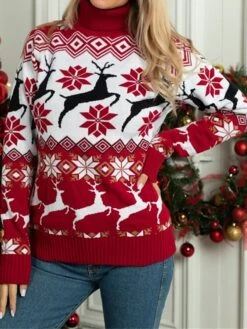 Women's Pullover Sweater Jumper Turtleneck Ribbed Knit Polyester Oversized Fall Winter Short Christmas Daily Going Out Xmas Stylish Casual Soft Long Sleeve Elk Snowflake Women's Model S M L