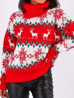 Women's Ugly Christmas Sweater Pullover Sweater Jumper Turtleneck Crochet Knit Polyester Knitted Fall Winter Xmas Holiday Stylish Casual Soft Long Sleeve Snowflake Argyle Black Red S M L -Xmas Cothing Store nhgufn1662099948132