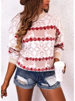 Women's Ugly Christmas Sweater Pullover Sweater Jumper Crew Neck Ribbed Knit Cotton Blend Knitted Fall Winter Outdoor Xmas Holiday Stylish Casual Soft Long Sleeve Snowflake Pink Red Blue S M L -Xmas Cothing Store nhrczi1666778101639