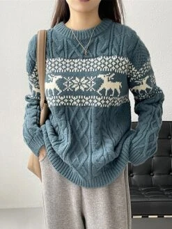Women's Ugly Christmas Sweater Pullover Sweater Jumper Christmas Sweaters Crew Neck Cable Knit Acrylic Knitted Fall Winter Regular Outdoor Christmas Daily Fashion Casual Soft Long Sleeve Elk Snowflake -Xmas Cothing Store nihsvw1697785153946