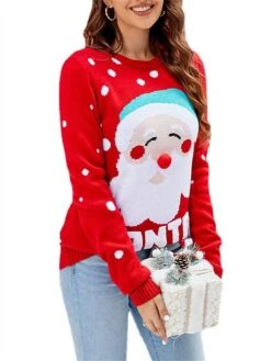 Women's Ugly Christmas Sweater Pullover Sweater Jumper Crew Neck Ribbed Knit Acrylic Oversized Fall Winter Short Xmas Daily Going Out Stylish Casual Soft Long Sleeve Letter Santa Claus Red -Xmas Cothing Store nirujs1695262587068