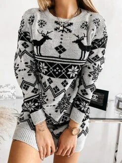 Women's Ugly Christmas Sweater Sweater Dress Crew Neck Ribbed Knit Acrylic Patchwork Fall Winter Long Outdoor Xmas Daily Stylish Casual Soft Long Sleeve Geometric Elk Snowflake Black Red Gray S -Xmas Cothing Store njbhfm1695209497964