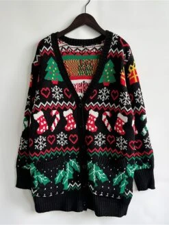 Women's Ugly Christmas Sweater Cardigan Sweater V Neck Ribbed Knit Polyester Button Fall Winter Regular Outdoor Xmas Daily Stylish Casual Soft Long Sleeve Heart Snowflake Black S M L -Xmas Cothing Store njdzbn1696823464739