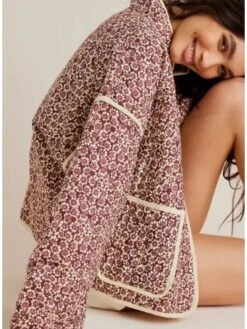 Women's Parka Lightweight Christmas Daily Wear Print Open Front Stand Collar Minimalism Flowers Regular Fit Outerwear Xmas Long Sleeve Spring Fall Khaki S M L -Xmas Cothing Store njeoqz1692703238346