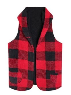 Women's Teddy Vest Winter Christmas Plaid Sleeveless Teddy Coat With Hood Fall Open Front Sherpa Jacket With Pockets Thermal Warm Windproof Casual Daily Street Xmas Jacket Red -Xmas Cothing Store njlfed1694506006426