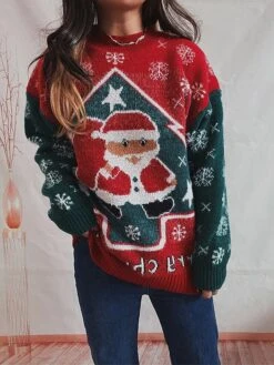 Women's Ugly Christmas Sweater Pullover Sweater Jumper Crew Neck Ribbed Knit Knit Patchwork Fall Winter Regular Outdoor Xmas Daily Stylish Casual Soft Long Sleeve Color Block Letter Santa Claus -Xmas Cothing Store njsvcn1696918489154