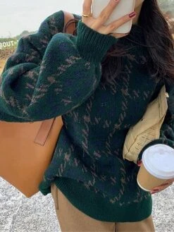 Women's Ugly Christmas Sweater Pullover Sweater Jumper Crew Neck Ribbed Knit Knit Oversized Fall Winter Regular Outdoor Christmas Daily Stylish Vintage Style Casual Long Sleeve Houndstooth Wine Green