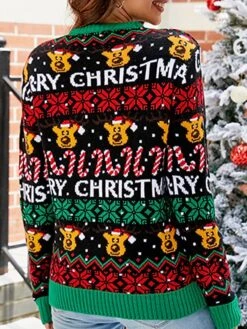Women's Ugly Christmas Sweater Pullover Sweater Jumper Crew Neck Ribbed Knit Acrylic Patchwork Fall Winter Regular Xmas Daily Going Out Stylish Casual Soft Long Sleeve Animal Elk Snowman Black -Xmas Cothing Store nkmdkt1695029202659