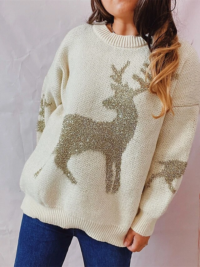 Women's Pullover Sweater Jumper Christmas Sweaters Crew Neck Chunky Knit Polyester Embroidery Spring Fall Winter Regular Christmas Daily New Year Fashion Daily Vintage Style Long Sleeve Elk Red Beige 9 Women's Pullover Sweater Jumper Christmas Sweaters Crew Neck Chunky Knit Polyester Embroidery Spring Fall Winter Regular Christmas Daily New Year Fashion Daily Vintage Style Long Sleeve Elk Red Beige - Image 7