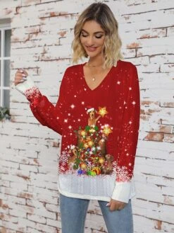 Women's Ugly Christmas Sweater Pullover Sweater Jumper V Neck Ribbed Knit Polyester Knitted Print Fall Winter Regular Outdoor Christmas Holiday Daily Stylish Casual Long Sleeve Animal Santa Claus -Xmas Cothing Store nmlmkb1697626858784