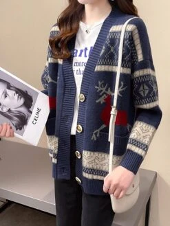 Women's Ugly Christmas Sweater Cardigan Sweater Jacket V Neck Ribbed Knit Polyester Button Pocket Knitted Fall Winter Regular Outdoor Christmas Daily Stylish Ethnic Style Casual Long Sleeve Geometric -Xmas Cothing Store nngouh1697291426755