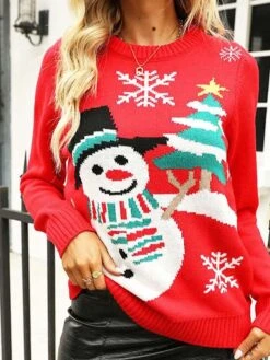 Women's Ugly Christmas Sweater Pullover Sweater Jumper Crew Neck Ribbed Knit Acrylic Knitted Fall Winter Outdoor Xmas Holiday Stylish Casual Soft Long Sleeve Snowman Christmas Tree Snowflake Red