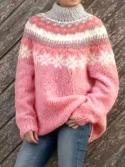 Women's Pullover Sweater Jumper Stand Collar Turtleneck Ribbed Knit Polyester Oversized Fall Winter Xmas Outdoor Christmas Daily Stylish Casual Soft Long Sleeve Striped Snowflake Pink S M L