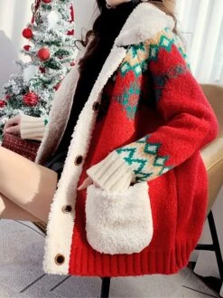 Women's Ugly Christmas Sweater Cardigan Sweater Shirt Collar Ribbed Knit Polyester Button Pocket Fall Winter Regular Outdoor Christmas Daily Stylish Casual Soft Long Sleeve Geometric Snowflake Red -Xmas Cothing Store nogwkw1696903323392
