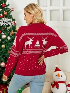 Women's Pullover Sweater Jumper Crew Neck Chunky Crochet Knit Polyester Embroidery Spring Fall Winter Christmas Daily Holiday Stylish Casual Long Sleeve Elk Xmas Tree Red Blue S M L -Xmas Cothing Store noqjkl1693561354595
