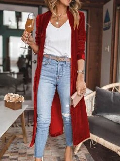 Women's Velvet Fall Christmas Long Coat Blazer CasualLong Pocket Coat Green Black Yellow Fuchsia Sky Blue Casual Street Spring Open Front V Neck Regular Fit S M L XL -Xmas Cothing Store npcmfp1638435096620