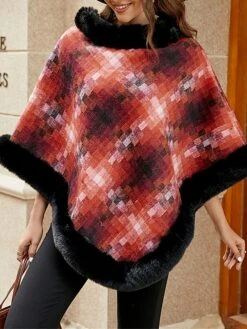 Women's Cloak / Capes Faux Fur Trim Christmas Party Pullover Hoodie Warm Street Daily Wear Vacation Fashion Street Xmas Style Plaid Regular Fit Outerwear Long Sleeve Fall Winter Blue Fuchsia Orange -Xmas Cothing Store nqepmv1692950036066