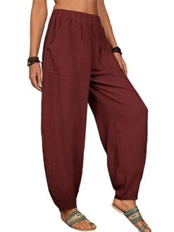 Women's Linen Pants Pants Trousers Harem Pants Full Length Linen Cotton Blend Pocket High Waist Active Vacation Xmas Home Christmas Wine Black S M Winter Autumn / Fall -Xmas Cothing Store nqggpr1695347103756