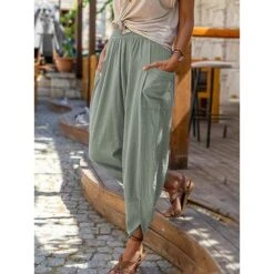 Women‘s Cotton Linen Pants With Side Pockets Christmas Wide-Leg Loose Casual Summer Fall White Light Blue S 2XL -Xmas Cothing Store nrwlym1654063846645