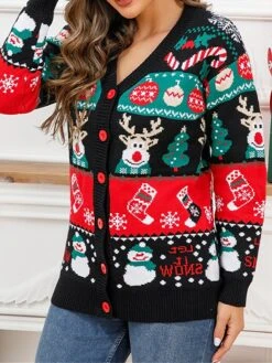 Women's Ugly Christmas Sweater Cardigan Sweater V Neck Ribbed Knit Knit Button Fall Winter Regular Outdoor Christmas Daily Stylish Casual Soft Long Sleeve Elk Snowman Xmas Tree Black S M L -Xmas Cothing Store nsbpsj1695111134825