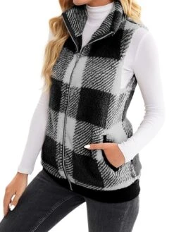 Women's Teddy Vest Fleece Plaid Sleeveless Sherpa Coat Fall Winter Thermal Warm Christmas Outerwear With Pockets Stylish Contemporary Modern Style Jacket Sleeveless -Xmas Cothing Store nsnixh1692264942918