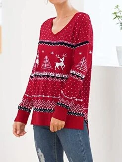Women's Ugly Christmas Sweater Pullover Sweater Jumper Christmas Sweaters V Neck Ribbed Knit Polyester Split Knitted Asymmetric Hem Fall Winter Regular Outdoor Christmas Daily Stylish Casual Soft -Xmas Cothing Store nsnnfy1697290881792
