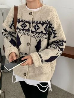 Women's Ugly Christmas Sweater Cardigan Sweater Jacket Crew Neck Cable Knit Polyester Button Knitted Print Fall Winter Regular Outdoor Christmas Daily Stylish Casual Soft Long Sleeve Print Navy Blue