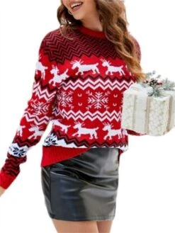 Women's Ugly Christmas Sweater Pullover Sweater Jumper Crew Neck Ribbed Knit Acrylic Oversized Fall Winter Short Xmas Daily Going Out Stylish Casual Soft Long Sleeve Elk Snowflake Women's Red -Xmas Cothing Store ntnxlu1695262583433