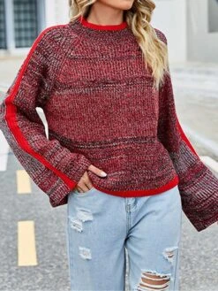 Women's Christmas Sweater Pullover Sweater Jumper Christmas Sweaters Crew Neck Ribbed Knit Acrylic Knitted Flared Sleeves Fall Winter Regular Outdoor Christmas Daily Stylish Casual Soft Long -Xmas Cothing Store ntveql1697290900641