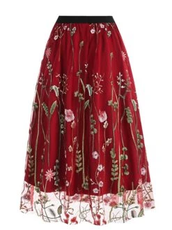 Women's Skirt Swing Midi Tulle Apricot Black White Red Skirts Fall & Winter Floral Embroidered High Waist Vintage Elegant Christmas Xmas Street M L XL -Xmas Cothing Store nufhja1694271026213