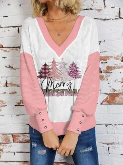 Women's Pullover Sweater Jumper V Neck Crochet Knit Cotton Blend Print Drop Shoulder Fall Winter Regular Christmas Stylish Casual Soft Long Sleeve Christmas Tree Pink Red S M L -Xmas Cothing Store nuylwx1696918426730