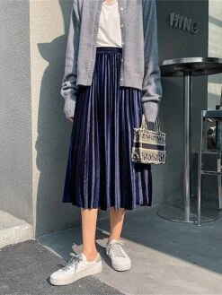 Women's Skirt A Line Swing Midi Gold Velvet Wine Red Black Pink Navy Blue Skirts Fall & Winter Pleated High Waist Fashion Elegant Christmas Xmas Street M L XL -Xmas Cothing Store nvdwgs1694689571461
