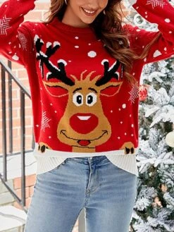 Women's Ugly Christmas Sweater Pullover Sweater Jumper Turtleneck Ribbed Knit Acrylic Patchwork Fall Winter Regular Xmas Daily Going Out Stylish Casual Soft Long Sleeve Elk Black Red S M L -Xmas Cothing Store nwpode1695029181298
