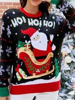 Women's Ugly Christmas Sweater Pullover Sweater Jumper Turtleneck Ribbed Knit Acrylic Patchwork Fall Winter Regular Xmas Daily Going Out Stylish Casual Soft Long Sleeve Santa Claus Black Red S M