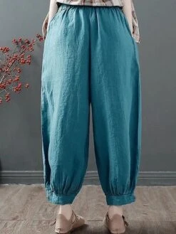 Women‘s Bloomers Baggy Cropped Pants Ankle-Length Cotton Pocket Cotton Linen Micro-elastic High Waist Streetwear Xmas Simple Outdoor Christmas Rice White Black M L Summer Fall -Xmas Cothing Store nyotas1690959765309