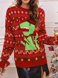 Women's Ugly Christmas Sweater Pullover Sweater Jumper Crew Neck Ribbed Knit Acrylic Knitted Fall Winter Xmas Holiday Stylish Casual Soft Long Sleeve Animal Geometric Black Red S M L -Xmas Cothing Store nzqvpa1662373783375