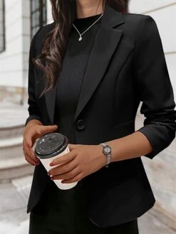 Women's Blazer Solid Colored Classic Style Christmas Ordinary Long Sleeve Coat Summer Spring Training Single Breasted One-button Regular Jacket Black -Xmas Cothing Store oakcbz1686637801203