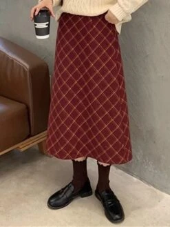 Women's Skirt Long Skirt Midi Cotton Wine Skirts Fall & Winter Plaid Print High Waist Fashion Elegant Christmas Street Xmas S M L -Xmas Cothing Store oaxsio1695351450131
