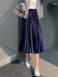 Women's Skirt A Line Swing Midi Gold Velvet Wine Red Black Pink Navy Blue Skirts Fall & Winter Pleated High Waist Fashion Elegant Christmas Xmas Street M L XL -Xmas Cothing Store obaguh1694689576318