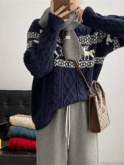 Women's Ugly Christmas Sweater Pullover Sweater Jumper Christmas Sweaters Crew Neck Cable Knit Acrylic Knitted Fall Winter Regular Outdoor Christmas Daily Fashion Casual Soft Long Sleeve Elk Snowflake -Xmas Cothing Store obnhks1697785160786