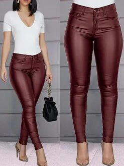 Women's Skinny Leather Pants Pants Trousers Ankle-Length Faux Leather Side Pockets Stretchy Fashion Xmas Party Christmas Claret Black S M