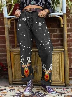 Women's Jeans Wide Leg Pants Trousers Full Length Fashion Streetwear Christmas Xmas Street Black Dark Blue S M Fall Winter