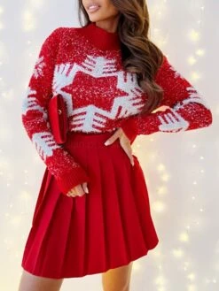 Women's Pullover Sweater Jumper Stand Collar Ribbed Knit Polyester Print Fall Winter Christmas Daily Going Out Xmas Stylish Casual Soft Long Sleeve Snowflake Red S M L