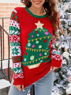 Women's Ugly Christmas Sweater Pullover Sweater Jumper Crew Neck Ribbed Knit Acrylic Patchwork Fall Winter Regular Xmas Daily Going Out Stylish Casual Soft Long Sleeve Elk Christmas Tree Black -Xmas Cothing Store oebbgg1695029171284