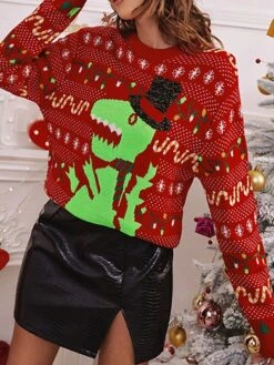 Women's Ugly Christmas Sweater Pullover Sweater Jumper Crew Neck Ribbed Knit Acrylic Knitted Fall Winter Xmas Holiday Stylish Casual Soft Long Sleeve Animal Geometric Black Red S M L -Xmas Cothing Store ohbcyb1662373785839